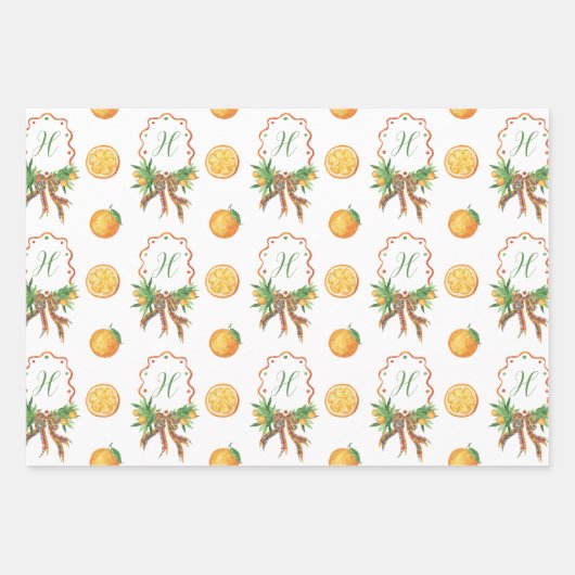 Waterverf Sinaasappels Plaid Bow Christmas Monogra Inpakpapier Vel (Voorkant)