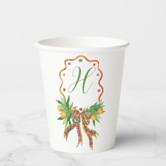 Waterverf Sinaasappels Plaid Bow Christmas Monogra Papieren Bekers (Voorkant)