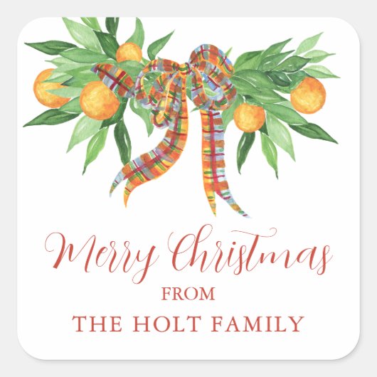 Waterverf Sinaasappels Plaid Bow Christmas Vierkante Sticker (Voorkant)