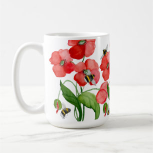 Waterverf sjalot papavers en schattige hommels koffiemok