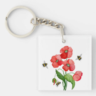 Waterverf sjalot papavers en schattige hommels sleutelhanger