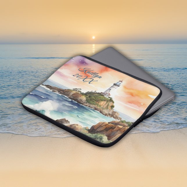 Waterverf Sketch Byron Bay Vuurtoren Monogram | Laptop Sleeve (Creator heeft geüpload)