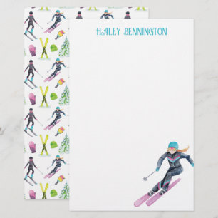 Waterverf skiën gepersonaliseerd briefpapier