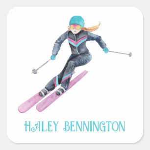 Waterverf skiën gepersonaliseerd vierkante sticker