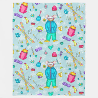 Waterverf Skiën Pika met uitrusting op Blue Snow Fleece Deken