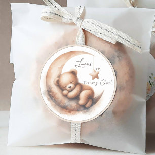 Waterverf Slapen Beige Bruin Beer op de Maan Ronde Sticker