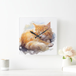 WATERVERF SLAPENDE ORANJE TABBY CAT VIERKANTE KLOK