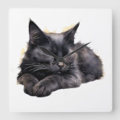 WATERVERF SLEEPING FLUFFY BLACK CAT VIERKANTE KLOK (Voorkant)