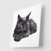 WATERVERF SLEEPING FLUFFY BLACK CAT VIERKANTE KLOK (Hoek)