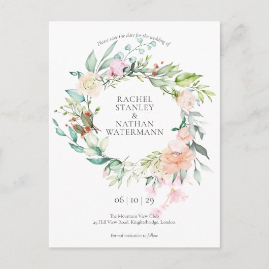 Waterverf Sluit de Datum Hanger Wilde Roos Briefkaart (Voorkant)