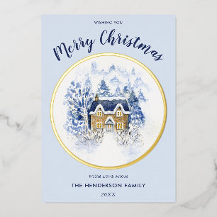Waterverf sneeuwbedekte  huisje folie feestdagenkaart