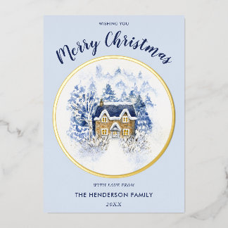 Waterverf sneeuwbedekte  huisje folie feestdagenkaart