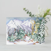 Waterverf Sneeuwberglandschap met pijnbomen Folie Feestdagenkaart (Staand Voorkant)