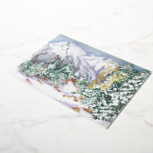 Waterverf Sneeuwberglandschap met pijnbomen Folie Feestdagenkaart (Gedraaid)