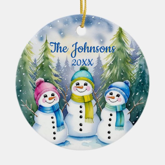 Waterverf Sneeuwfamilie houdt kerstmis Keramisch Ornament (Voorkant)