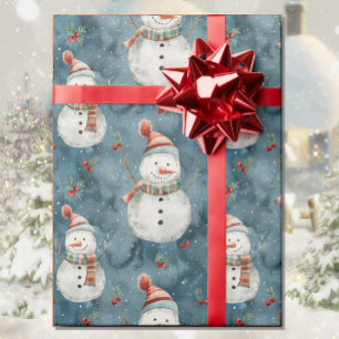 Waterverf Sneeuwman Kersthuis Landelijk Cadeaupapier