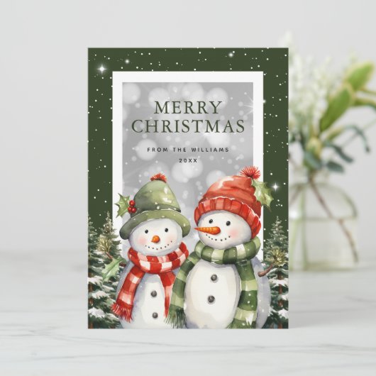 Waterverf Sneeuwman Sneeuwwitje Vrolijk Kerstfeest Feestdagenkaart (Staand voorkant)
