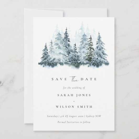 Waterverf sneeuwwinterbos pine behalve datum kaart (Voorkant)