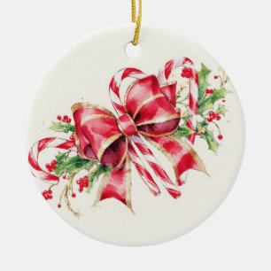 Waterverf Snoepriet Rode Strik Hulst Keramisch Ornament