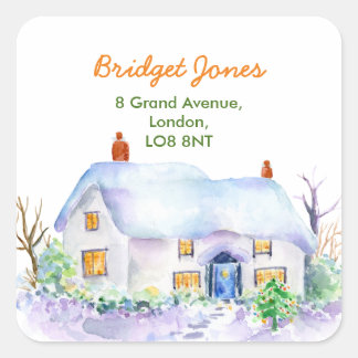 Waterverf Snow Cottage Adres Label