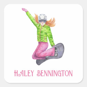 Waterverf snowboarden gepersonaliseerd vierkante sticker