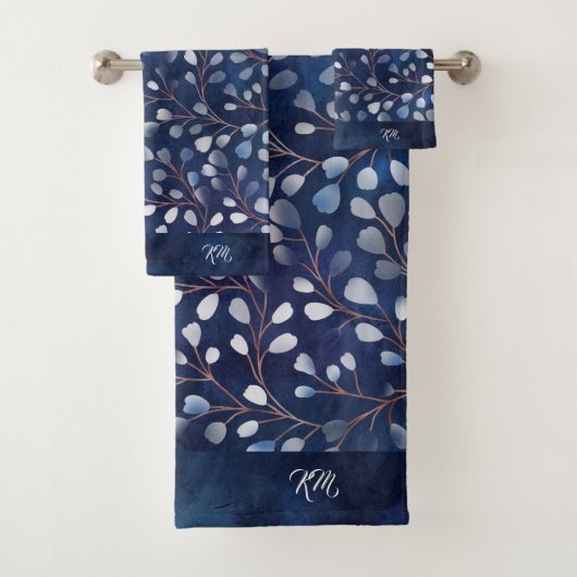 Waterverf Snowdrops Pattern Navy/Copper ID726 Bad Handdoek (Insitu)