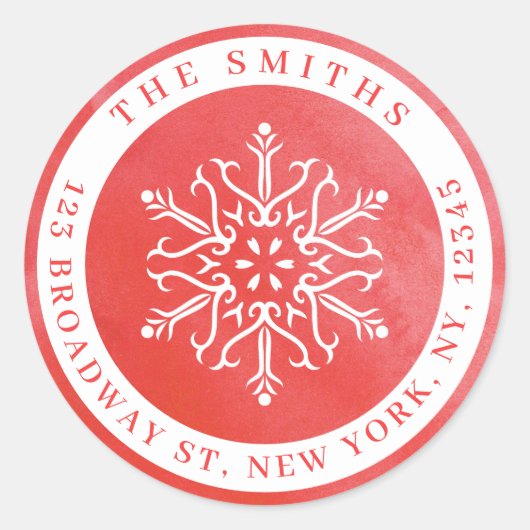 Waterverf Snowflake Red-kerstretouradres Ronde Sticker (Voorkant)