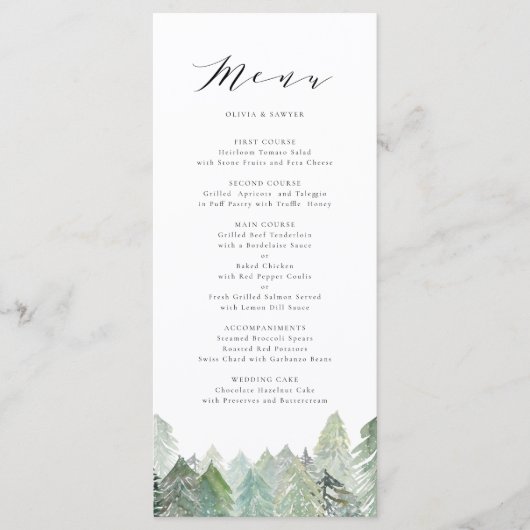 Waterverf Snowy Evergreen Forest Script Wedding Menu (Voorkant)