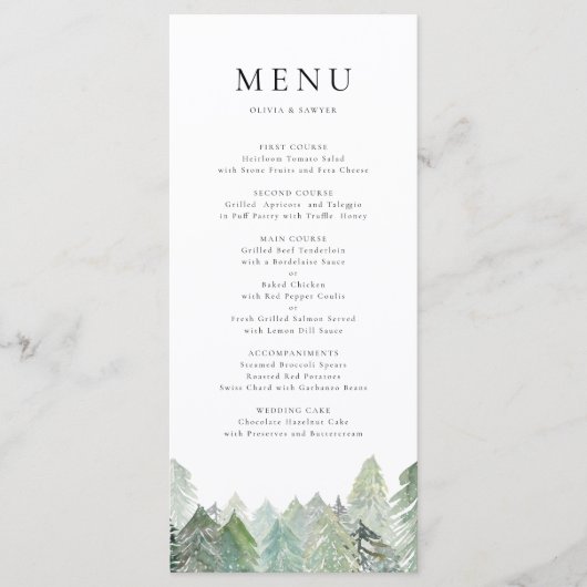 Waterverf Snowy Evergreen Woodland Winterbruiloft Menu (Voorkant)