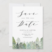 Waterverf Snowy Evergreen Woodland Winterbruiloft Save The Date (Voorkant)