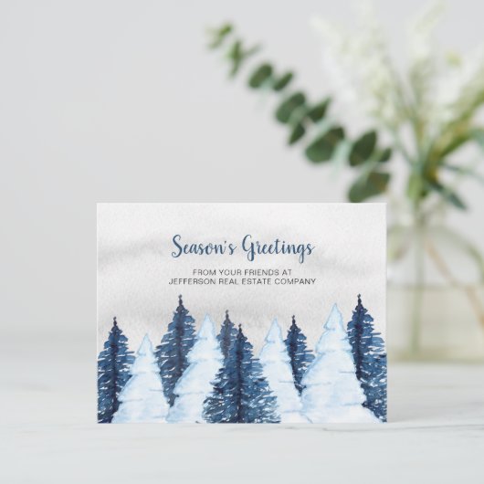 Waterverf Snowy Pine Trees Forest Winter Business Feestdagenkaart (Staand voorkant)