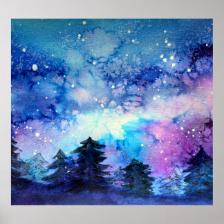 Waterverf Space Art: Nachtelijke hemelbomen Poster