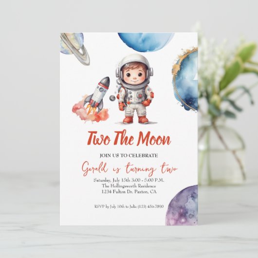 Waterverf Space Astronaut Verjaardagsuitnodiging Kaart (Staand voorkant)