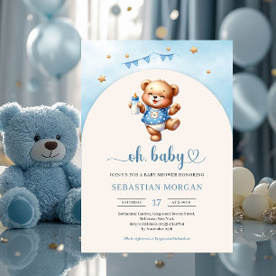 Waterverf speelse teddybeer met flessenboog kaart
