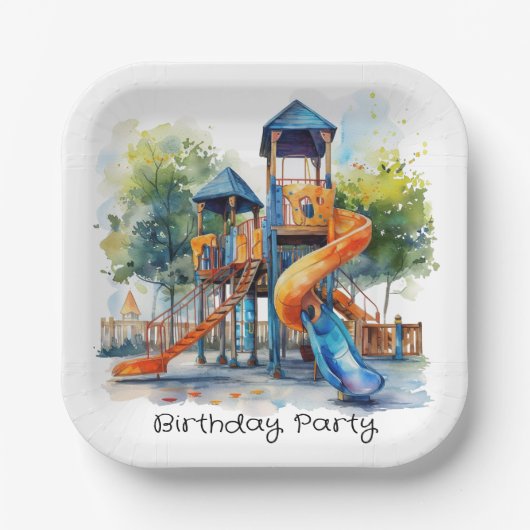 Waterverf Speeltuin Park Kind Verjaardagsfeest Papieren Bordje (Voorkant)