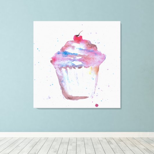 Waterverf, spetterend Cupcake die paarse roze make Canvas Afdruk (Insitu (Houten vloer))