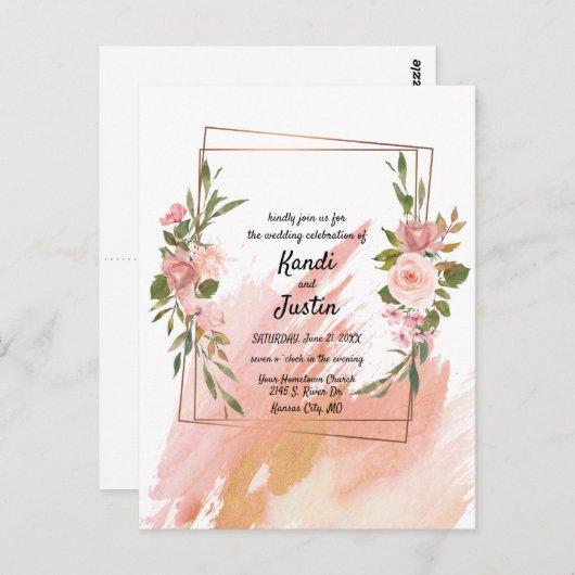 Waterverf Splash Pink Floral Geometric Wedding Briefkaart (Voorkant / Achterkant)