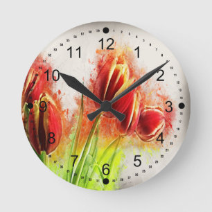 Waterverf Splatter Red Yellow Tulips Floral  Ronde Klok