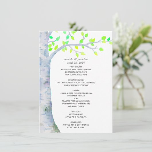 Waterverf Spring Birch Tree Wedding Menu (Staand voorkant)