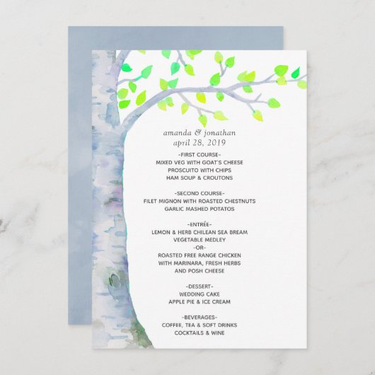 Waterverf Spring Birch Tree Wedding Menu (Voorkant / Achterkant)