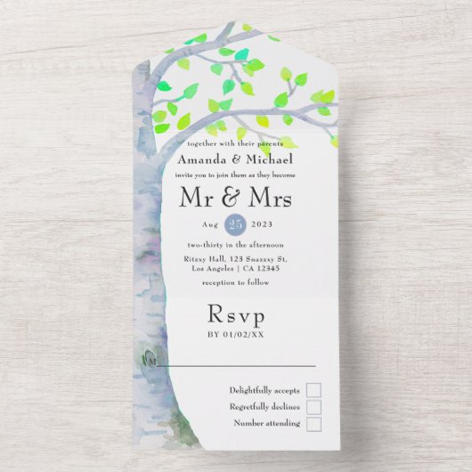 Waterverf Spring Birch Tree Wedding-uitnodiging All In One Uitnodiging (Binnen)
