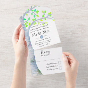 Waterverf Spring Birch Tree Wedding-uitnodiging All In One Uitnodiging