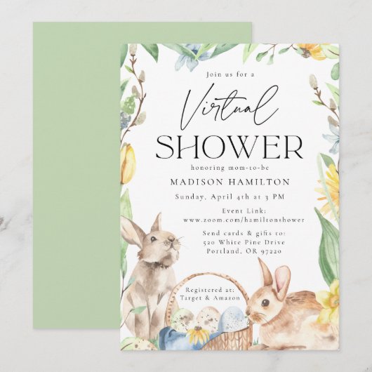 Waterverf Spring Bunnies Virtual Baby shower Kaart (Voorkant / Achterkant)