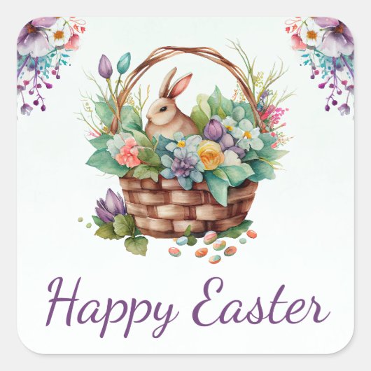 Waterverf Spring Flowers mandje Happy Pasen Vierkante Sticker (Voorkant)