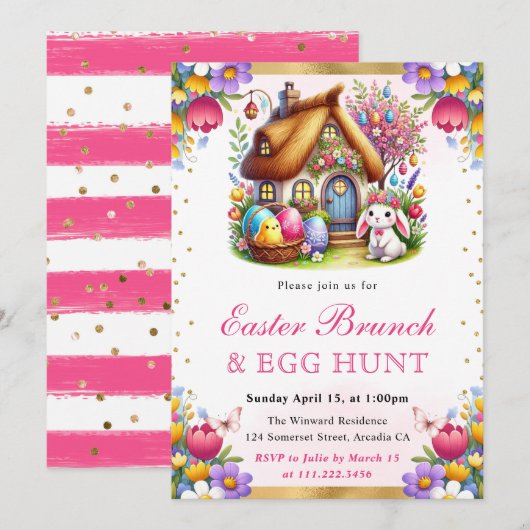 Waterverf Spring House Rabbits Paasbrunch Kaart (Voorkant / Achterkant)