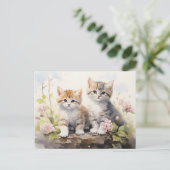 Waterverf Springtime Kittens Roze Geraniums Briefkaart (Staand voorkant)