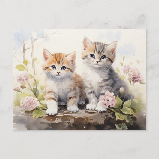 Waterverf Springtime Kittens Roze Geraniums Briefkaart (Voorkant)