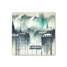 Waterverf stadsbeeld met bergen, bomen en