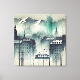 Waterverf stadsbeeld met bergen, bomen en canvas afdruk