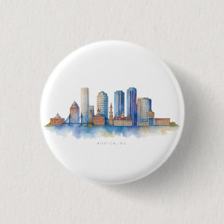 Waterverf stadsgezicht van Boston | Modern Boston Ronde Button 3,2 Cm